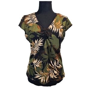Vintage 90s Y2K Fashion Bug Tropical Print V-Neck Top Medium Black Lightweight